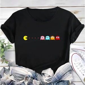 Pac Man Tee, size L, New, Black w/Multi Colored Ghost